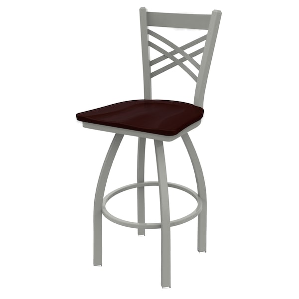 30" Swivel Bar Stool, Nickel Finish, Dark Cherry Oak Seat